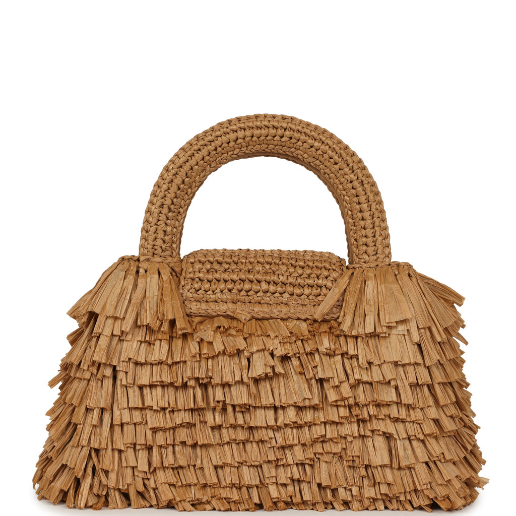 Chanel Small Fringe Kelly Dark Beige Raffia Wood and Light Gold Hardwa