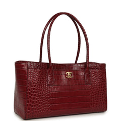Chanel Small Cerf Shopping Bag Burgundy Croc Embossed Calfskin Gold Hardware