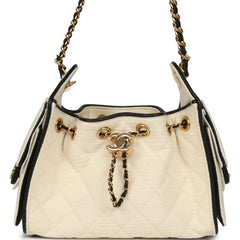 Chanel Mini 25 Hobo Bag Ecru Canvas and Black Calfskin Gold Hardware