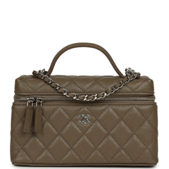 Chanel Chevron Top Handle Long Vanity Case with Chain Dark Khaki Shiny Caviar Silver Hardware