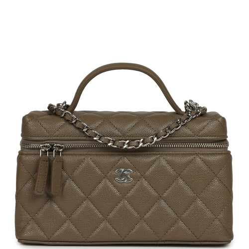 Chanel Chevron Top Handle Long Vanity Case with Chain Dark Khaki Shiny Caviar Silver Hardware
