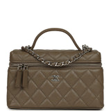 Chanel Chevron Top Handle Long Vanity Case with Chain Dark Khaki Shiny Caviar Silver Hardware - Thumbnail View 1