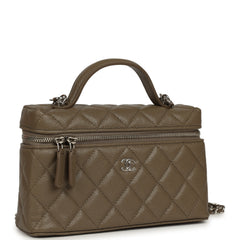 Chanel Chevron Top Handle Long Vanity Case with Chain Dark Khaki Shiny Caviar Silver Hardware