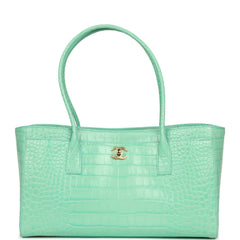 Chanel Small Cerf Shopping Bag Teal Croc Embossed Calfskin Gold Hardware