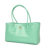 Chanel Small Cerf Shopping Bag Teal Croc Embossed Calfskin Gold Hardware - Thumbnail View 5