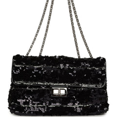 Pre-owned Chanel Medium Striped Reissue Flap Bag Black, Silver Sequin and Patent Silver Hardware