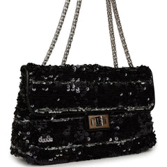 Pre-owned Chanel Medium Striped Reissue Flap Bag Black, Silver Sequin and Patent Silver Hardware