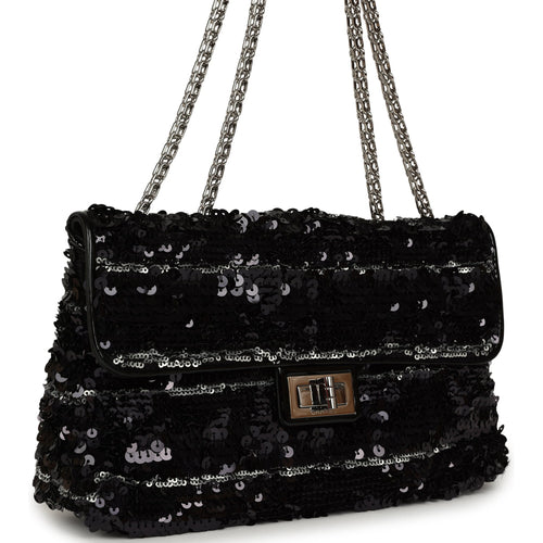 Pre-owned Chanel Medium Striped Reissue Flap Bag Black, Silver Sequin and Patent Silver Hardware