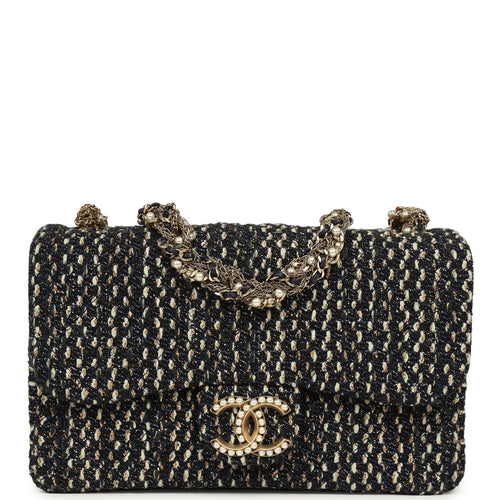 Chanel Small Westminster Pearl Flap Bag Black, Gold, White Tweed Brushed Gold Hardware