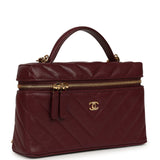 Chanel Chevron Top Handle Long Vanity Case with Chain Dark Burgundy Shiny Caviar Gold Hardware - Thumbnail View 2