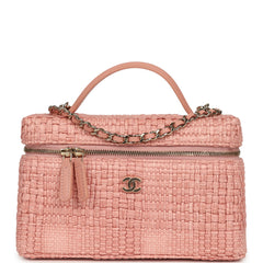 Chanel Top Handle Long Vanity Case with Chain Light Pink Braided Raffia Light Gold Hardware