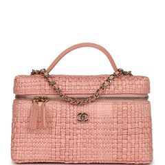 Chanel Top Handle Long Vanity Case with Chain Light Pink Braided Raffia Light Gold Hardware