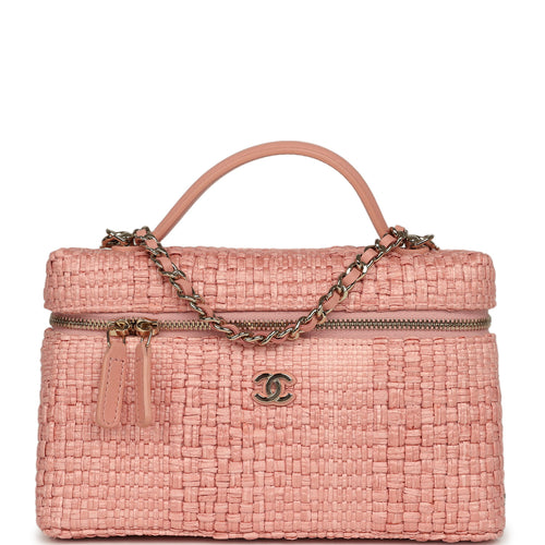 Chanel Top Handle Long Vanity Case with Chain Light Pink Braided Raffia Light Gold Hardware