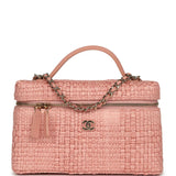 Chanel Top Handle Long Vanity Case with Chain Light Pink Braided Raffia Light Gold Hardware - Thumbnail View 1