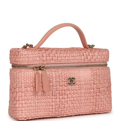 Chanel Top Handle Long Vanity Case with Chain Light Pink Braided Raffia Light Gold Hardware