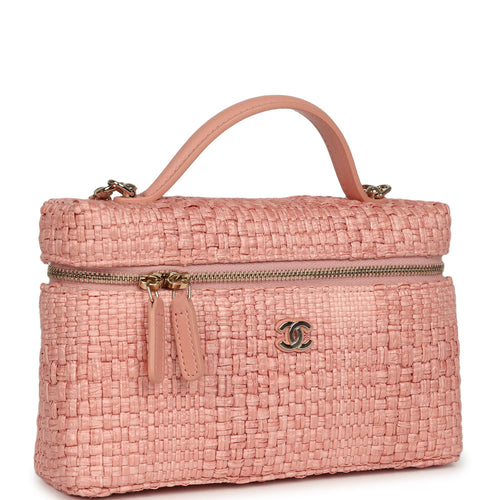 Chanel Top Handle Long Vanity Case with Chain Light Pink Braided Raffia Light Gold Hardware