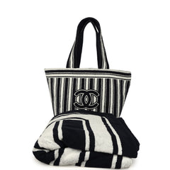 Chanel CC Striped Beach Tote Bag & Towel Set Navy Blue and White Terry Silver Hardware