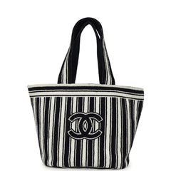 Chanel CC Striped Beach Tote Bag & Towel Set Navy Blue and White Terry Silver Hardware