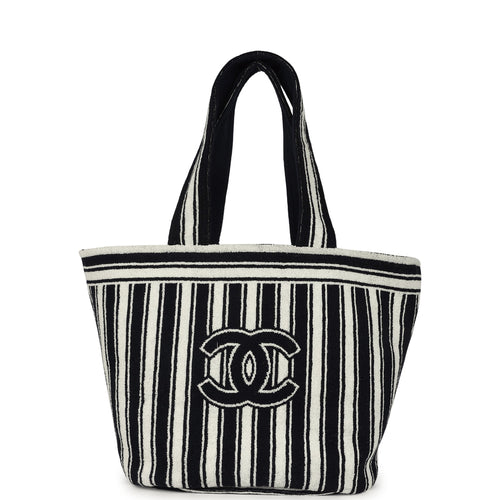 Chanel Coco Beach CC Striped Beach Tote Bag & Towel Set Navy Blue and White Terry Silver Hardware