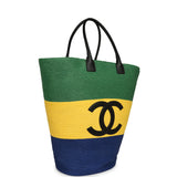 Chanel Maxi Coco Beach Large Shopping Bag Green, Yellow, Blue Raffia and Black Calfskin - Thumbnail View 2