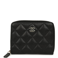 Chanel Classic Zipped Coin Purse Wallet Black Shiny Caviar Light Gold Hardware