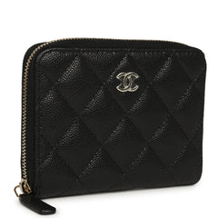 Chanel Classic Zipped Coin Purse Wallet Black Shiny Caviar Light Gold Hardware