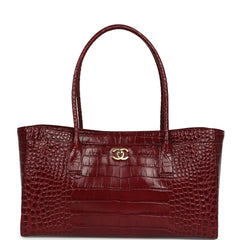 Chanel Small Cerf Shopping Bag Burgundy Croc Embossed Calfskin Gold Hardware
