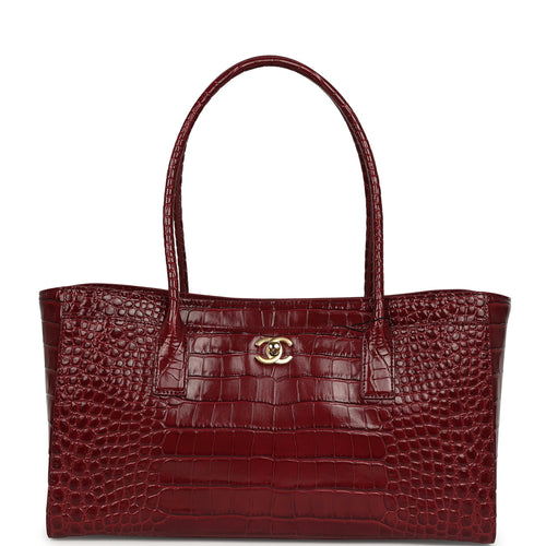 Chanel Small Cerf Shopping Bag Burgundy Croc Embossed Calfskin Gold Hardware