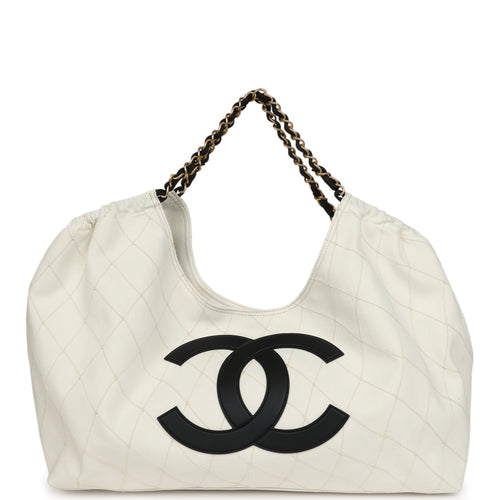 Chanel Maxi Coco Beach Cambon Hobo Bag White Denim and Black Calfskin Brushed Gold Hardware
