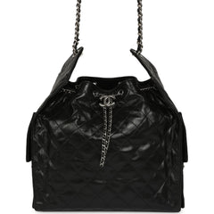 Chanel Medium 25 Hobo Bag Black Shiny Crumpled Calfskin Mixed Silver Hardware