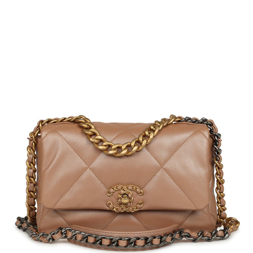 Chanel Medium 19 Flap Bag Pearly Beige Shiny Lambskin Mixed Metal Hardware