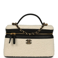 Chanel Coco Beach Top Handle Long Vanity Case with Chain Ecru Tweed and Black Calfskin Gold Hardware