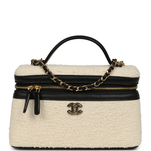Chanel Coco Beach Top Handle Long Vanity Case with Chain Ecru Tweed and Black Calfskin Gold Hardware
