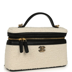 Chanel Coco Beach Top Handle Long Vanity Case with Chain Ecru Tweed and Black Calfskin Gold Hardware