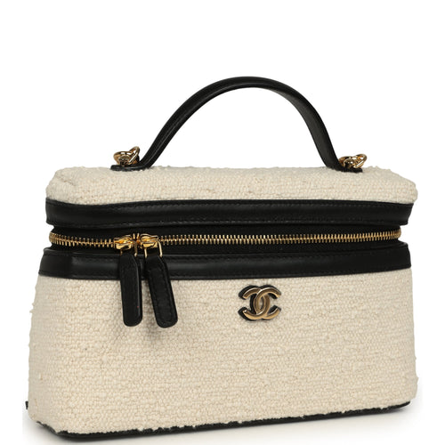 Chanel Coco Beach Top Handle Long Vanity Case with Chain Ecru Tweed and Black Calfskin Gold Hardware