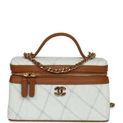 Chanel Coco Beach Top Handle Long Vanity Case with Chain Light Blue Denim and Brown Calfskin Gold Hardware