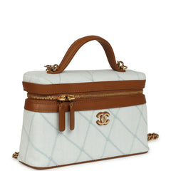 Chanel Coco Beach Top Handle Long Vanity Case with Chain Light Blue Denim and Brown Calfskin Gold Hardware
