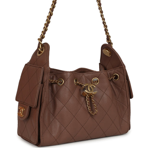 Chanel Mini 25 Hobo Bag Brown Caviar Antique Gold Hardware