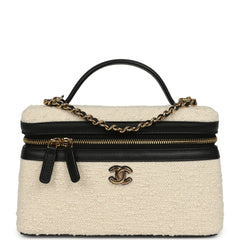 Chanel Coco Beach Top Handle Long Vanity Case with Chain Ecru Tweed and Black Calfskin Gold Hardware