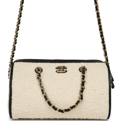 Chanel Coco Beach Mini Timeless Classic Barrel Bag with Chain Ecru Tweed and Black Calfskin Gold Hardware