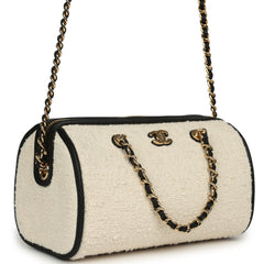 Chanel Coco Beach Mini Timeless Classic Barrel Bag with Chain Ecru Tweed and Black Calfskin Gold Hardware