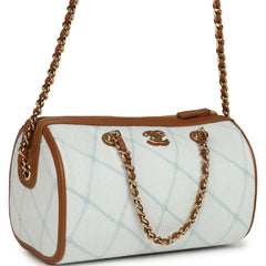 Chanel Coco Beach Mini Timeless Classic Barrel Bag with Chain Light Blue Denim and Brown Calfskin Gold Hardware