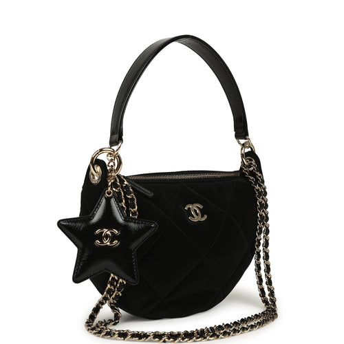 Chanel Coco Neige Clutch with Chain Black Velvet-Effect Nylon and Black Shiny Crumpled Calfskin Light Gold Hardware