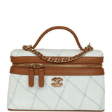 Chanel Coco Beach Top Handle Long Vanity Case with Chain Light Blue Denim and Brown Calfskin Gold Hardware - Thumbnail View 1
