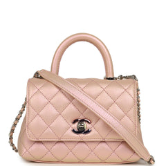 Chanel Micro Coco Top Handle Flap Iridescent Pink Shiny Caviar Mixed Metal Hardware