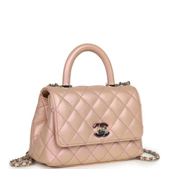 Chanel Micro Coco Top Handle Flap Iridescent Pink Shiny Caviar Mixed Metal Hardware