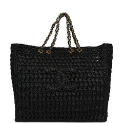 Chanel Coco Beach CC Shopping Tote Black Raffia and Calfskin Gold Hardware