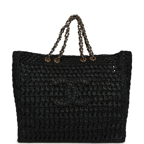 Chanel Coco Beach CC Shopping Tote Black Raffia and Calfskin Gold Hardware