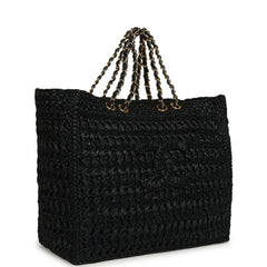 Chanel Coco Beach CC Shopping Tote Black Raffia and Calfskin Gold Hardware