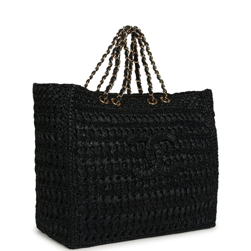 Chanel Coco Beach CC Shopping Tote Black Raffia and Calfskin Gold Hardware